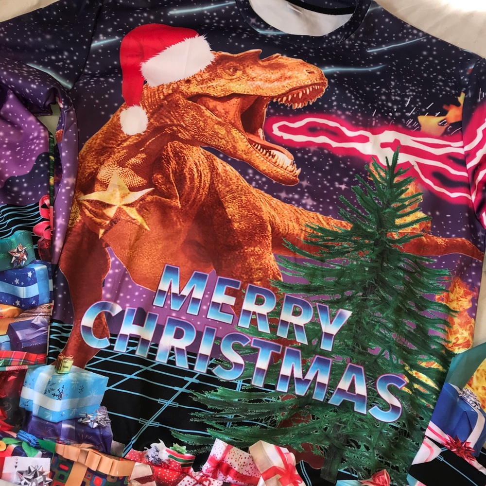 Ugly funny Christmas T-Rex shirt long sleeve 2X